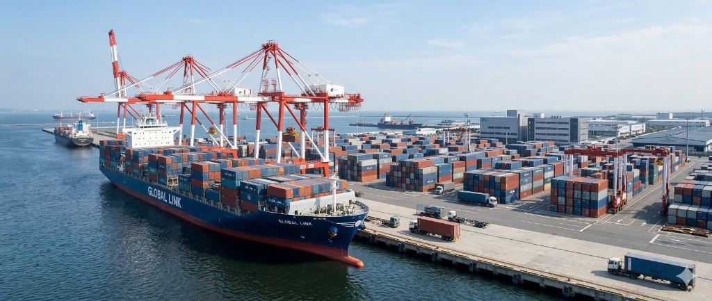 Buque GLOBAL LINK en puerto con grúas y contenedores