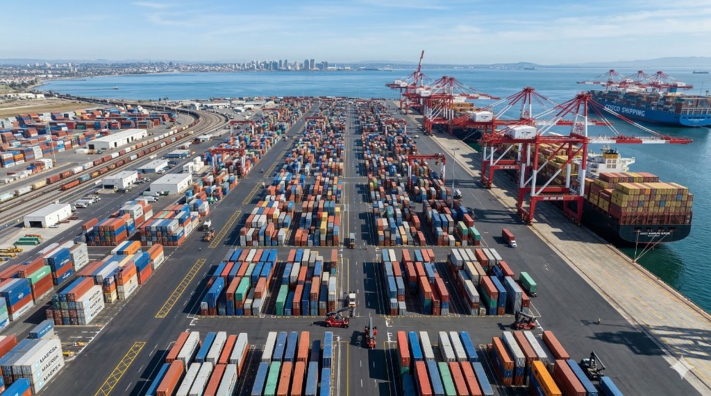 Vista aérea de terminal portuaria con Maersk, COSCO y contenedores